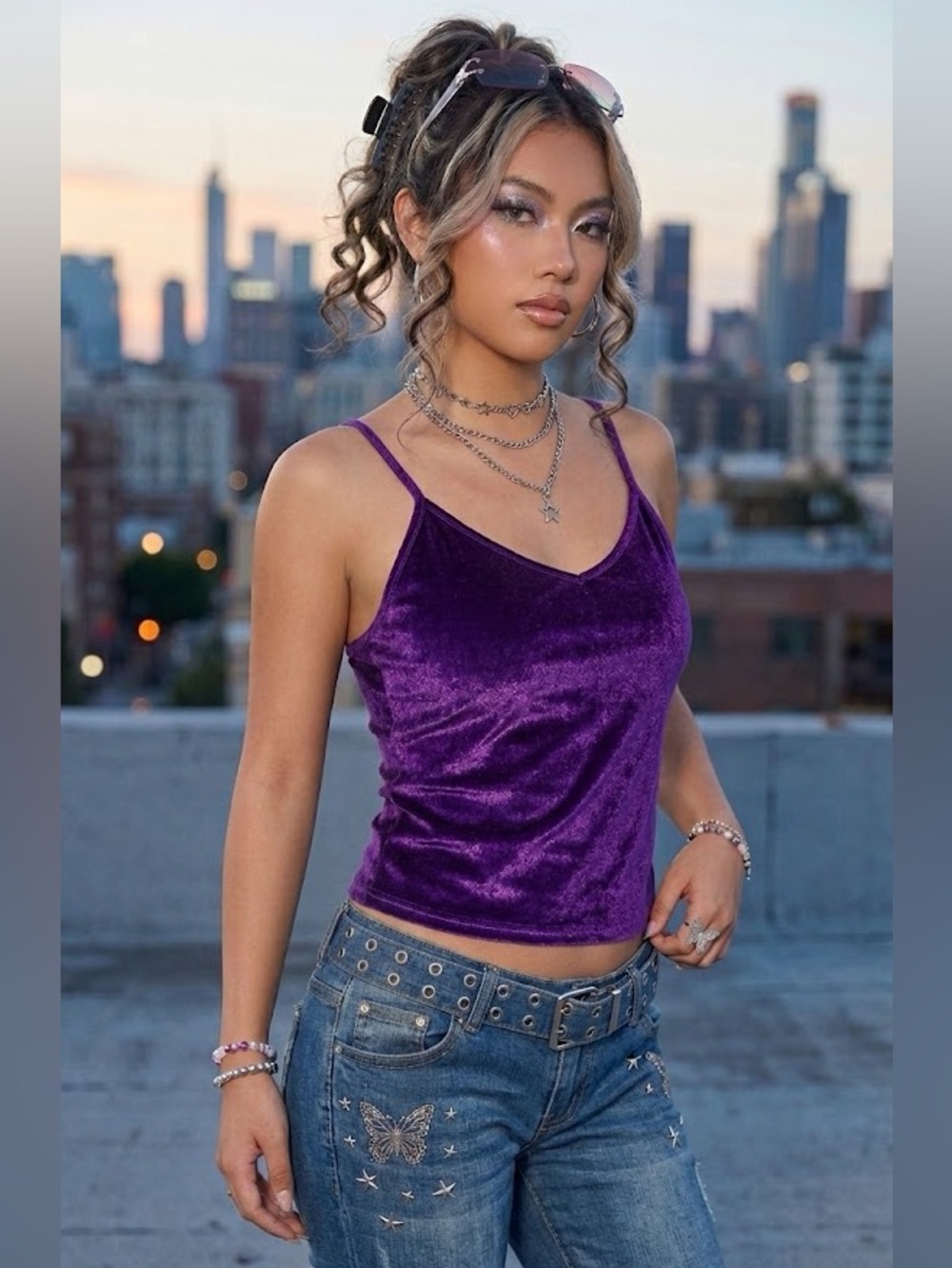 Y2K Velvet Spaghetti Strap Cami Tank Top - Purple